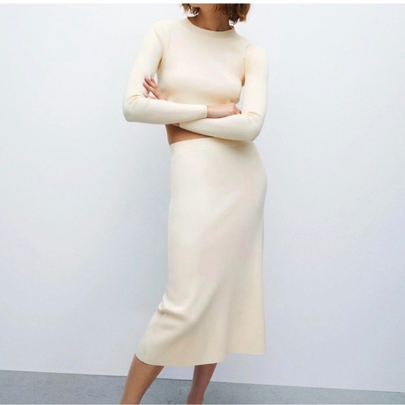Zara Dresses & Skirts - Zara Women's L Cream Ivory Knit Midi Skirt Minimalist Pull On Column